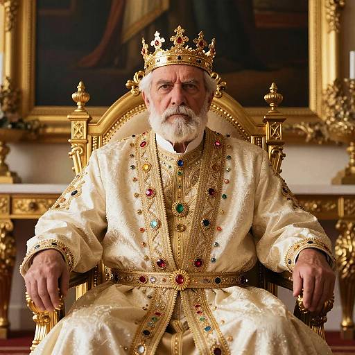 Photograph of an elderly white man with a white beard, wearing a gold crown and ornate, cream-colored royal robe, seated on an elaborate golden