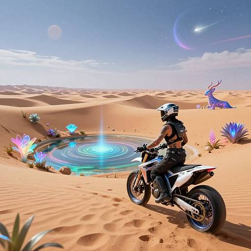 Digital artwork: Motorcyclist in black gear and helmet rides near glowing blue water in vibrant, sci-fi desert with glowing plants and a mystical, horn