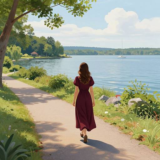 Photograph of a woman in a maroon dress walking on a sunny lakeside path, surrounded by greenery, with a calm blue lake and distant