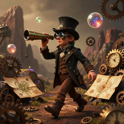 Steampunk child with goggles and top hat, using a brass spyglass, walks through a gear-filled, mountainous landscape with floating orbs.