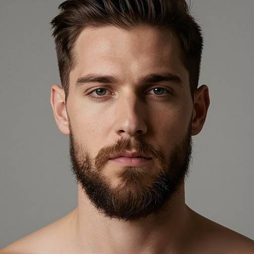 Photograph of a bearded, dark-haired Caucasian man with blue eyes, fair skin, and a neutral expression, shown from the shoulders up against a