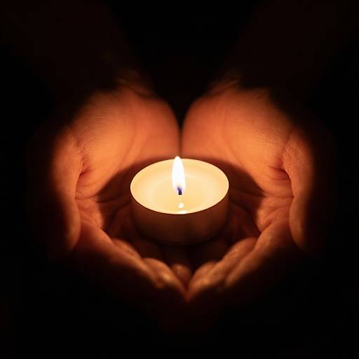 Photograph of two hands forming a heart shape around a glowing, orange candle in complete darkness, creating a warm, intimate focus.