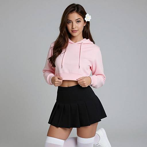 Photograph of a young woman with long brown hair, wearing a pink hoodie, black skirt, white thigh-high socks, and a white flower in her
