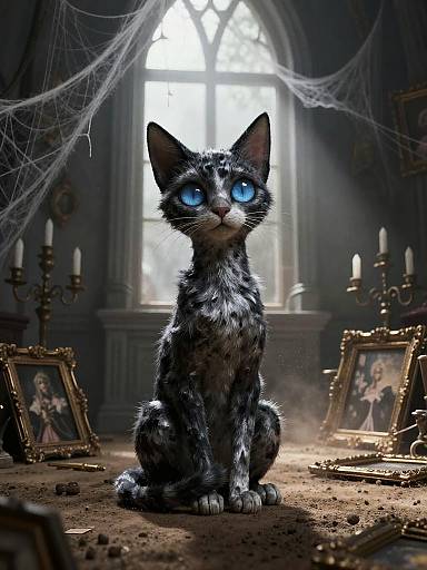 Digital artwork of a black and gray cat with glowing blue eyes, sitting in a dimly lit, spider-web decorated room with framed photos and candles in