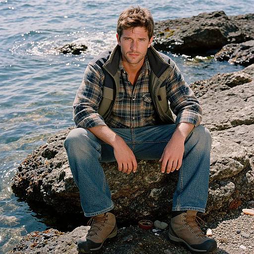 Photograph of a ruggedly handsome man with brown hair, beard, wearing a plaid shirt and jacket, sitting on rocky shoreline, blue jeans,