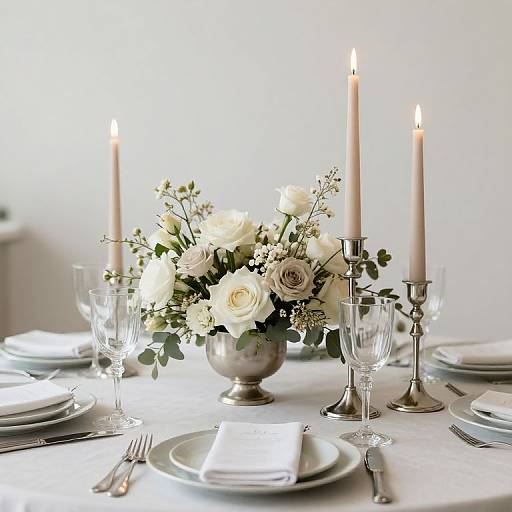 Elegant table setting with white roses, greenery, three lit candles, crystal glasses, white plates, silver cutlery, and folded napkins