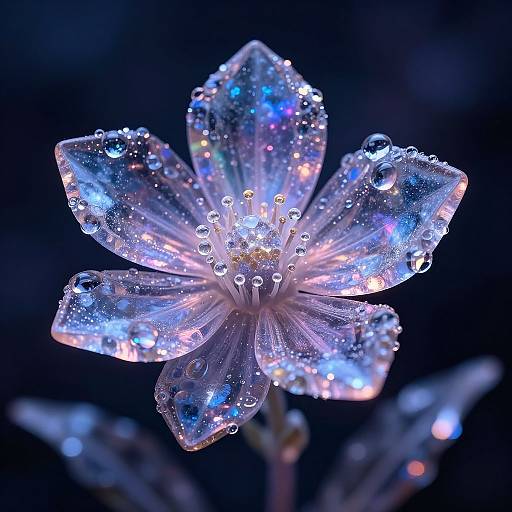Photograph of a translucent flower with dewdrops, illuminated by colorful lights, against a dark blue background, creating a magical, ethereal effect.