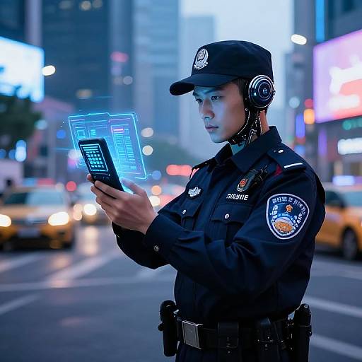 Photograph of a male police officer in a dark uniform, wearing headphones, standing on a city street at night, using a glowing blue tablet. Yellow