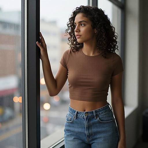 Photograph of a curly-haired, dark-skinned woman in a brown crop top and blue jeans, standing by a window, gazing outside. Urban