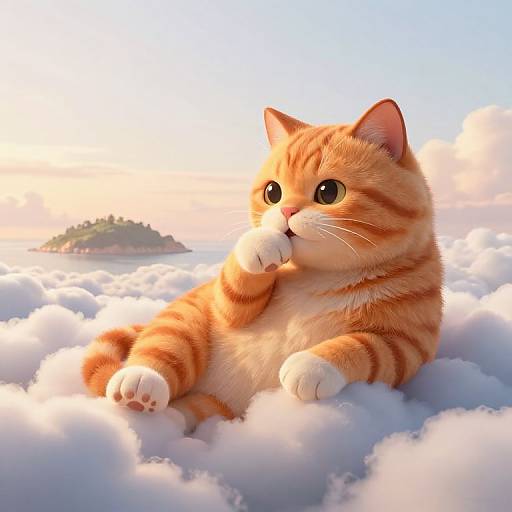 Digital artwork of a cute, chubby, orange tabby kitten with white paws, lying on fluffy clouds, gazing at a distant island at sunset