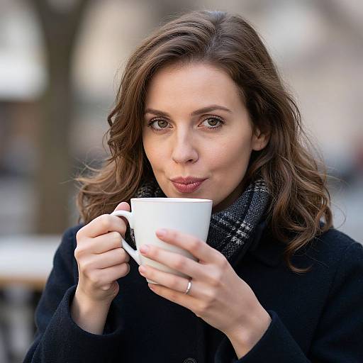 Photograph of a brown-haired woman with fair skin, wearing a black coat and scarf, holding a white cup, sipping, outdoors in a blurred