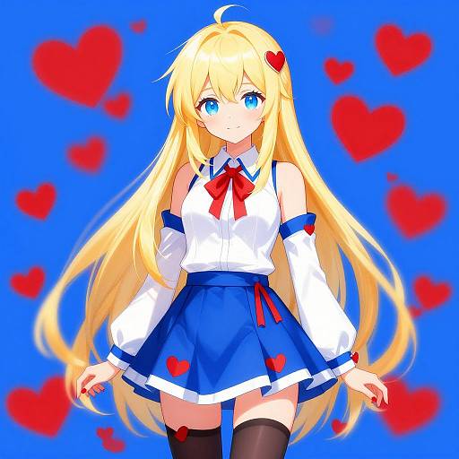 Digital anime-style drawing of a blonde girl with blue eyes, wearing a white sleeveless top, blue skirt with red hearts, black thigh-highs,