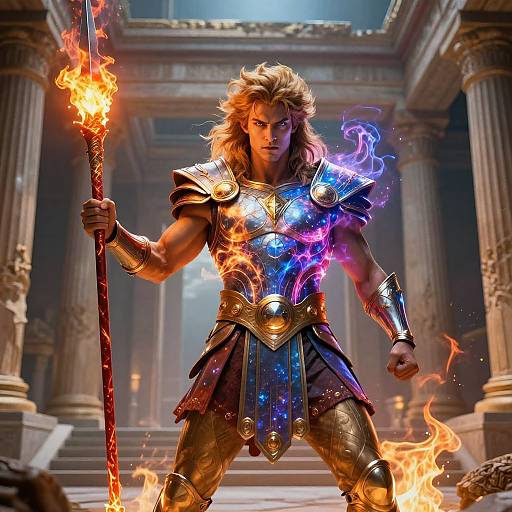 Muscular, blonde warrior with glowing armor and fiery staff in grand, ancient temple. Magic flames and blue energy surround him. Epic fantasy CGI.