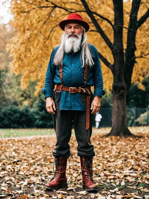Elderly Man with Long White Beard Standing Outdoors in Autumn
