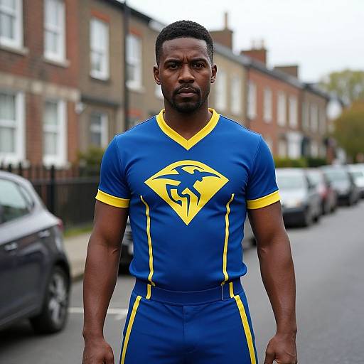 Photograph of a muscular Black man with short hair and beard, wearing a blue and yellow superhero-themed sports uniform, standing on a suburban street with parked
