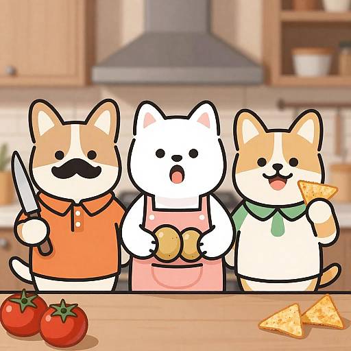 Three anthropomorphic dogs cooking in kitchen
