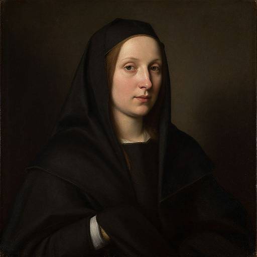 Photograph-style painting of a solemn young woman with fair skin, brown eyes, and light brown hair, wearing a black veil and cloak against a dark
