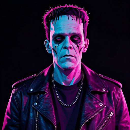 Gloomy, neon-lit photograph of a pale, stern-faced man with dark makeup, wearing a black leather jacket and chain necklace, against a