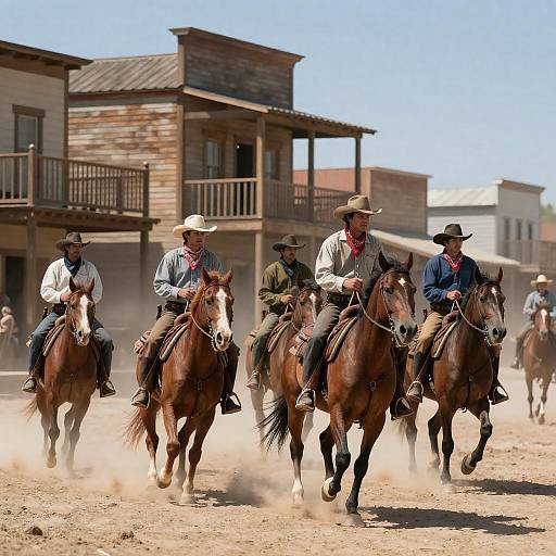 Cowboys Galloping Through a Dusty Town