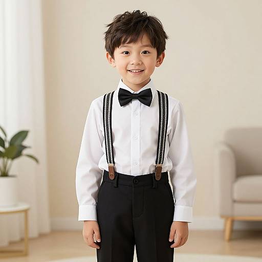 Photograph of a smiling young boy with dark hair, wearing a white shirt, black bow tie, suspenders, and black pants in a bright,