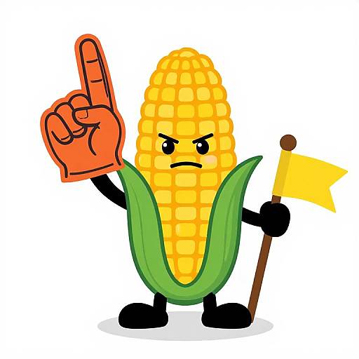 Cartoon corn with angry expression, green husks, black arms, and legs, raising orange finger, holding yellow flag, white background.