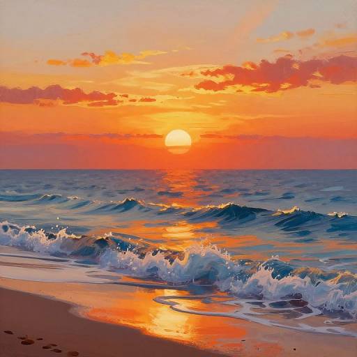 Photograph of a vibrant sunset over a beach, with orange and pink skies, a glowing sun, waves crashing onto the shore, and reflective wet sand