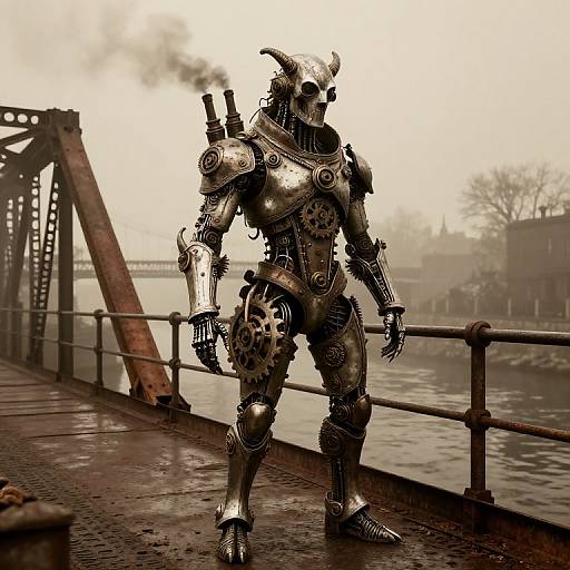 Photorealistic CGI of a menacing, horned, metallic robot with skeletal head, holding skull, standing on rainy, rusted bridge with foggy