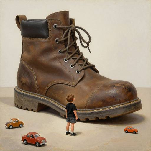 Photograph of a giant brown leather boot, standing next to a small boy in a black shirt and shorts, with five tiny orange toy cars scattered around