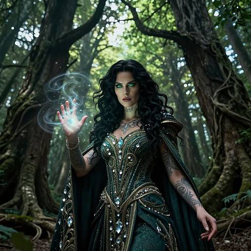Fantasy photograph of a dark-haired woman with green eyes, intricate black armor, and glowing hand in a mystical forest.