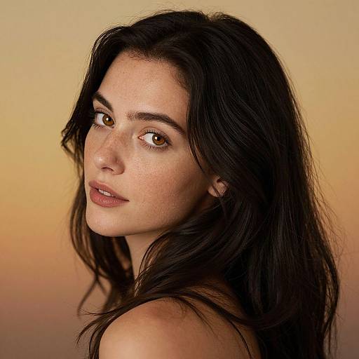 Photograph of a freckled, brunette woman with long, wavy hair, gazing over her shoulder, set against a warm, gradient sunset