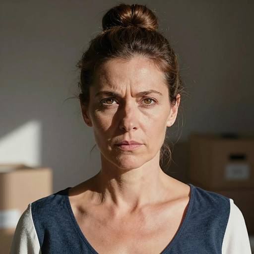 Serious Middle-Aged Woman with Bun Hairstyle