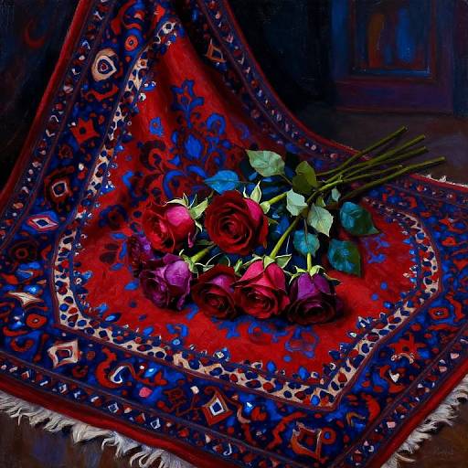 Vibrant photograph of a bouquet of red and blue roses on a richly patterned, red and blue Persian rug with intricate designs.