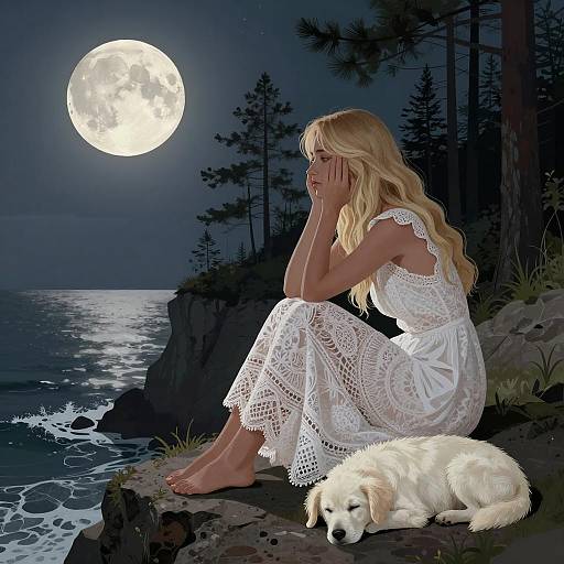 Melancholic Woman Under the Moonlight