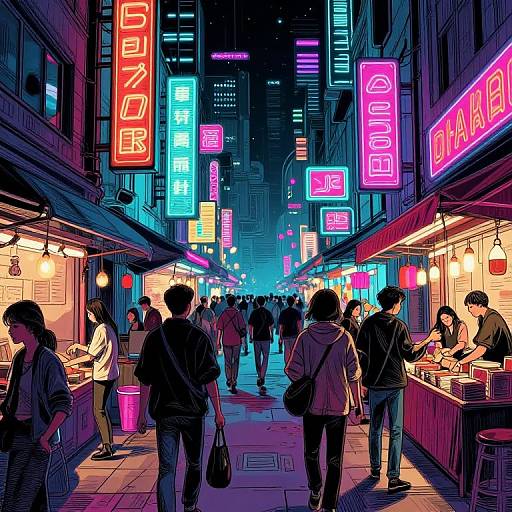 Futuristic Cyberpunk Street Market at Night