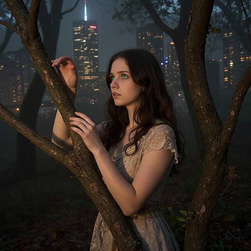 Photograph of a fair-skinned woman with green eyes, long dark hair, wearing a lace dress, holding tree branches at night in a foggy