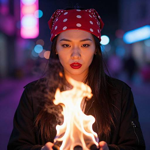 Photograph of a young Asian woman with red polka dot bandana, red lips, black jacket, holding a small flame in a nighttime urban setting