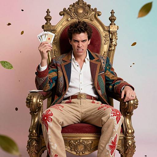 Photograph of a muscular man with curly hair, wearing a colorful patterned blazer, white shirt, and floral pants, sitting on an ornate