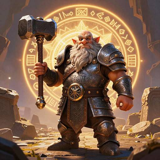 Stout Dwarf Warrior with Hammer in Fantasy Ruins