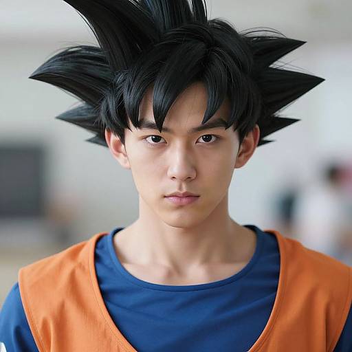 Photorealistic portrait of an East Asian young man with spiky black hair, wearing an orange vest over a blue shirt, resembling Goku from Dragon Ball