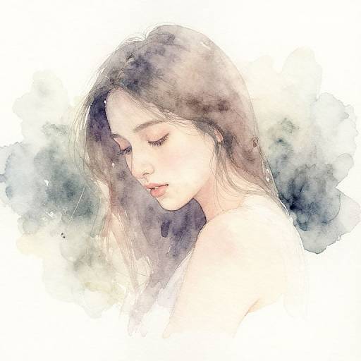 Watercolor portrait of a serene, young woman with closed eyes, long brown hair, and soft pink lips, against a white and blue watercolor background