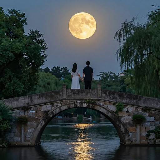 Photograph of a couple in white and black standing on a stone bridge, silhouetted against a glowing full moon, with a reflective river below