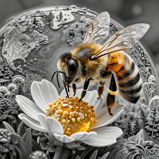 Photorealistic close-up of a bee with detailed wings and fuzzy body, feeding on a bright yellow daisy against a monochromatic, intricate floral