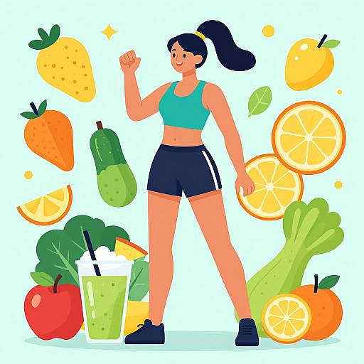 Illustration of a fit woman in a teal sports bra and black shorts, surrounded by colorful fruits and vegetables, standing confidently.