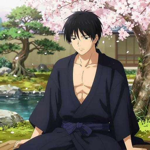 Melancholic Anime Guy in Japanese Garden