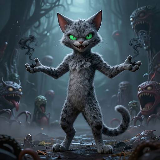 Digital artwork of a fierce, glowing green-eyed, gray tabby cat standing confidently in a dark, eerie forest, surrounded by menacing, monstrous creatures.
