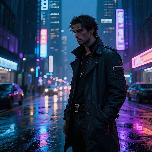 Gritty cyberpunk photograph: Wet-haired, brooding man in dark coat stands in neon-lit, rainy city street, reflections of vivid lights