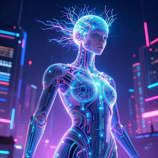 Neon-lit cyberpunk woman with glowing blue circuits and electric hair stands in futuristic cityscape; vibrant neon lights illuminate her robotic body.