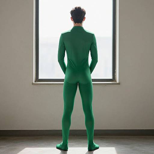 Photograph of a man in a green suit standing with his back to a bright window, hands in pockets, in a minimalistic room.