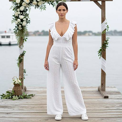 Photograph of a brunette woman in a white, deep V-neck, lace-paneled jumpsuit with ruffled shoulders, standing on a wooden dock under