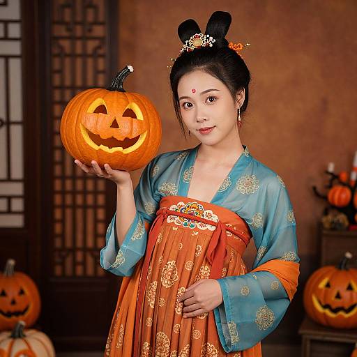 Asian woman in blue and orange traditional hanbok holds carved pumpkin with smiling face, black bun hairstyle, brown background. Halloween-themed.